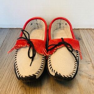Handmade Womens Black, White, Red Leather Moccasin Slippers, 10.